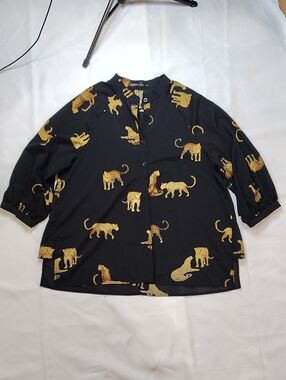 Zanzea Women's Tunic Blouse Size XXL Black And Gold 3/4 Sleeves  Jaguar Print